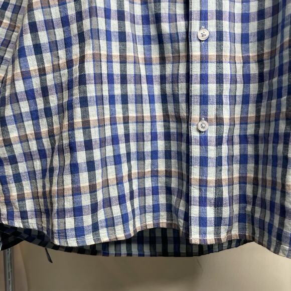 Carbon 2 Cobalt Men's Linen Check Button Up Shirt Size L Preppy Old Money Casual - Picture 12 of 13
